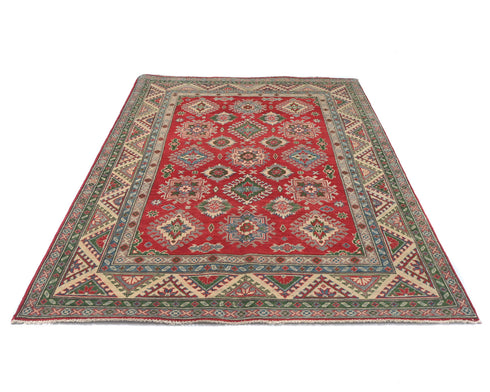 5x7 Red Kuba Afghan Hand Knotted Wool Area Rug
